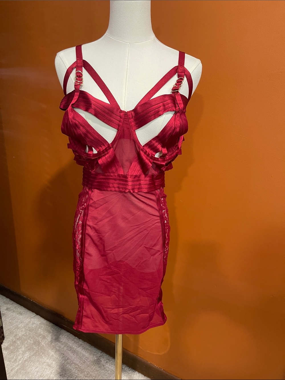 Strappy Satin Cut-Out Mini Slip in Deep Red with matching panties